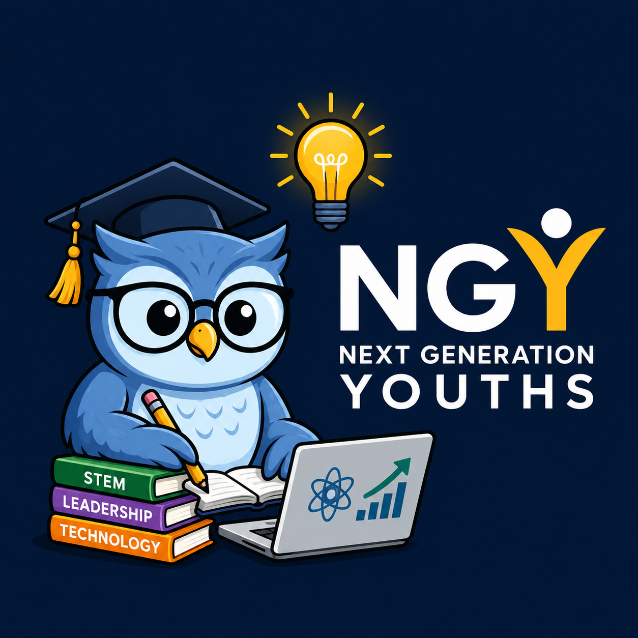 NGY owl mascot studying with books and a laptop